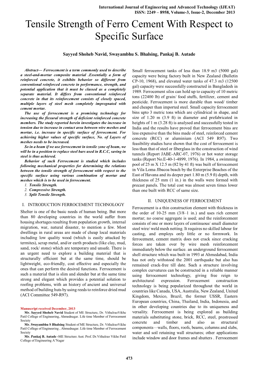 Tensile Strength of Ferro Cement with Respect to Specific Surface