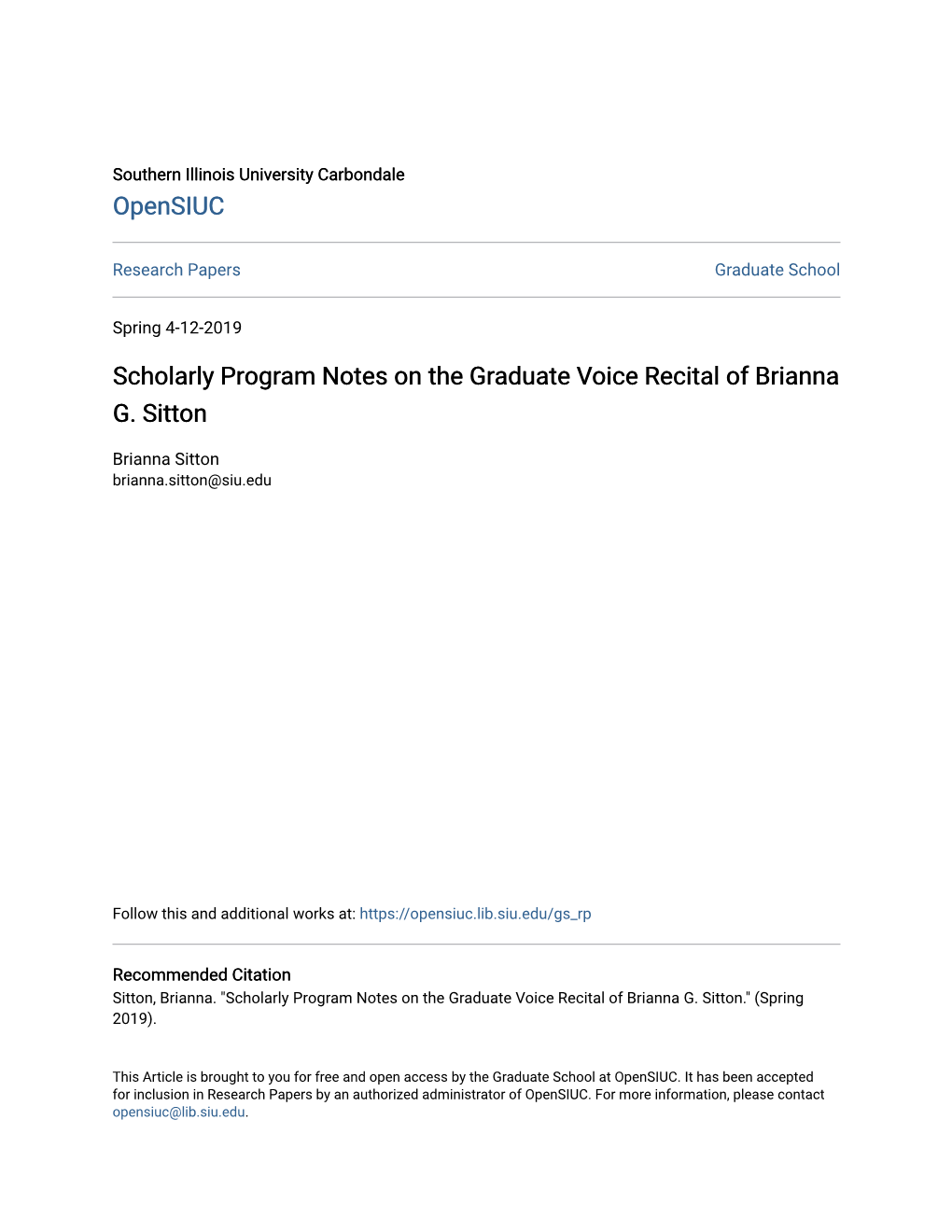 Scholarly Program Notes on the Graduate Voice Recital of Brianna G