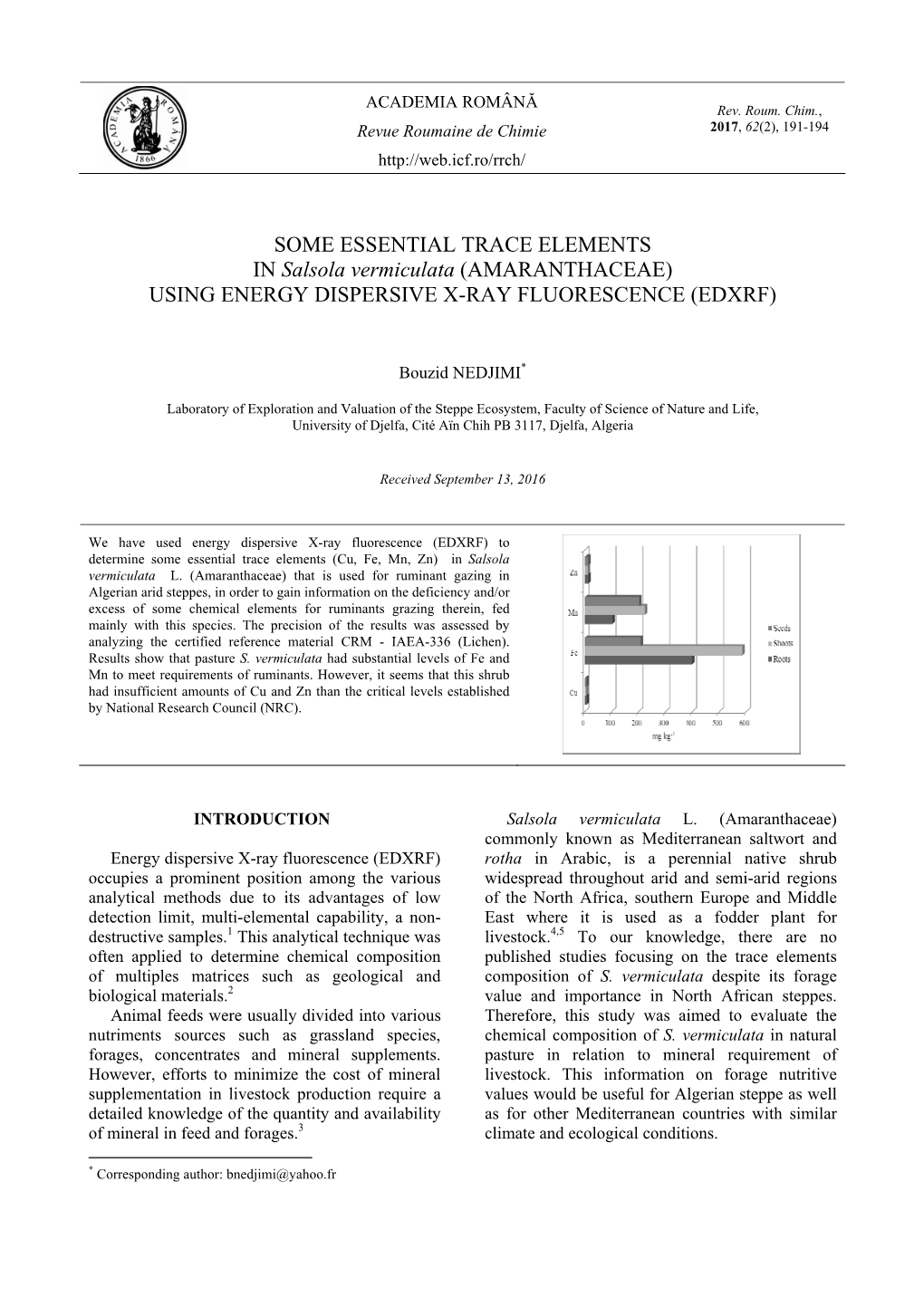 SOME ESSENTIAL TRACE ELEMENTS in Salsola Vermiculata (AMARANTHACEAE) USING ENERGY DISPERSIVE X-RAY FLUORESCENCE (EDXRF)