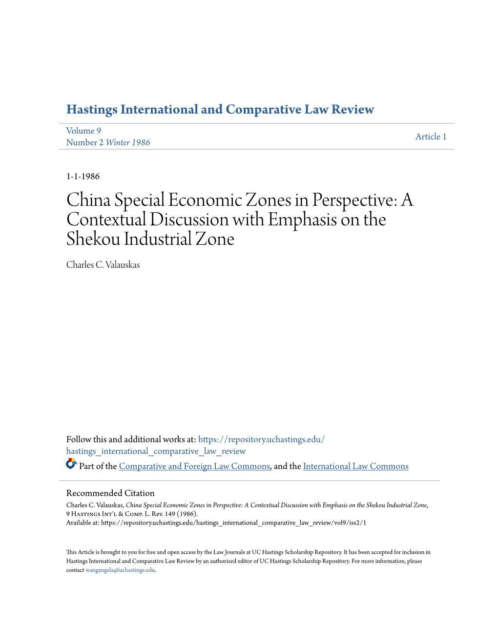 China Special Economic Zones in Perspective: a Contextual Discussion with Emphasis on the Shekou Industrial Zone Charles C