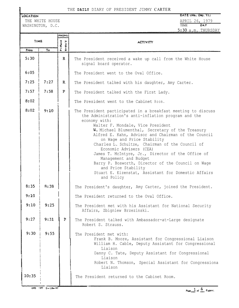 THE DAILY DIARY of PRESIDENT JIMMY CARTER the WHITE HOUSE APRIL 26, 1979 WASHINGTON, D.C. 5:30 A.M. THURSDAY 8:35 8:38 9:31