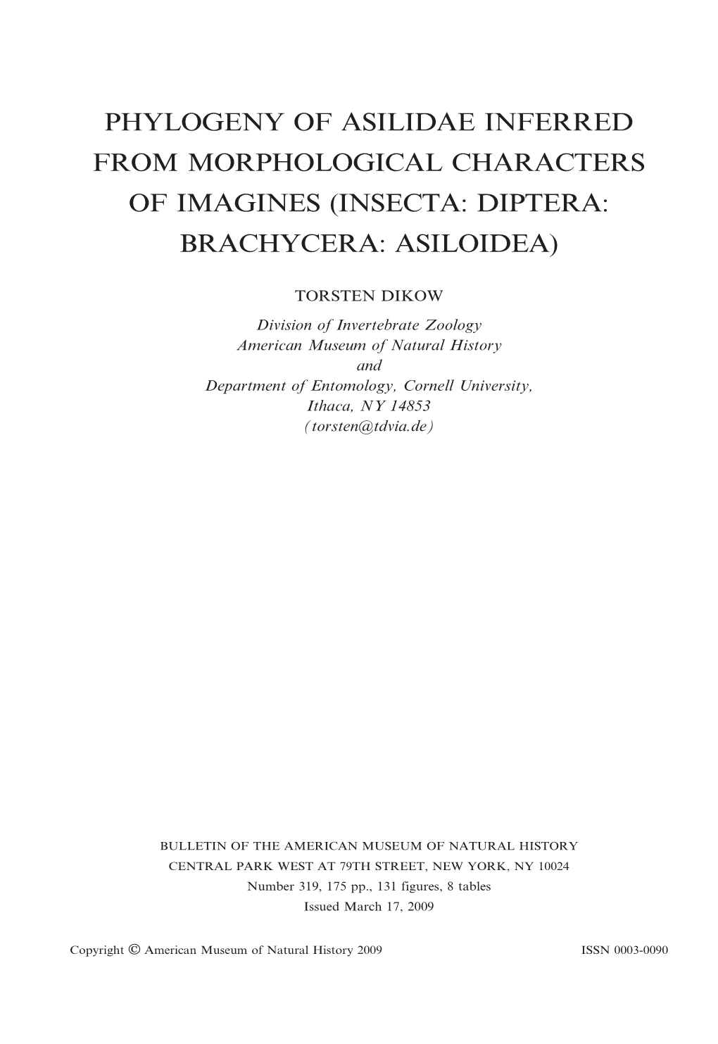 Phylogeny of Asilidae Inferred from Morphological Characters of Imagines (Insecta: Diptera: Brachycera: Asiloidea)