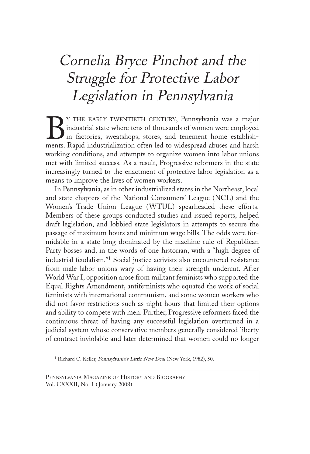 Cornelia Bryce Pinchot and the Struggle for Protective Labor Legislation in Pennsylvania