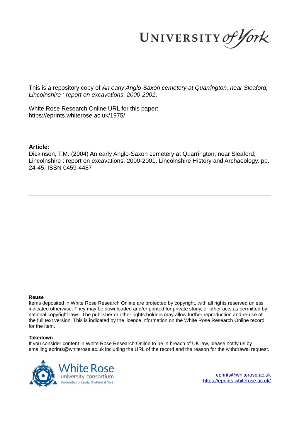 An Early Anglo-Saxon Cemetery at Quarrington, Near Sleaford, Lincolnshire : Report on Excavations, 2000-2001