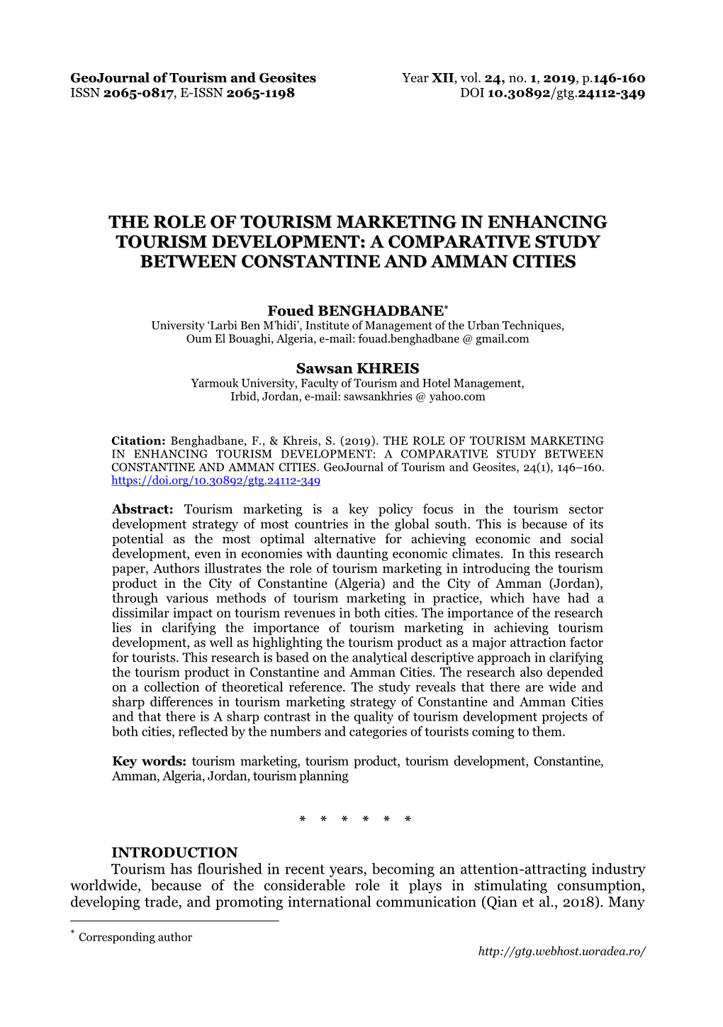 The Role of Tourism Marketing in Enhancing Tourism Development: a Comparative Study Between Constantine and Amman Cities