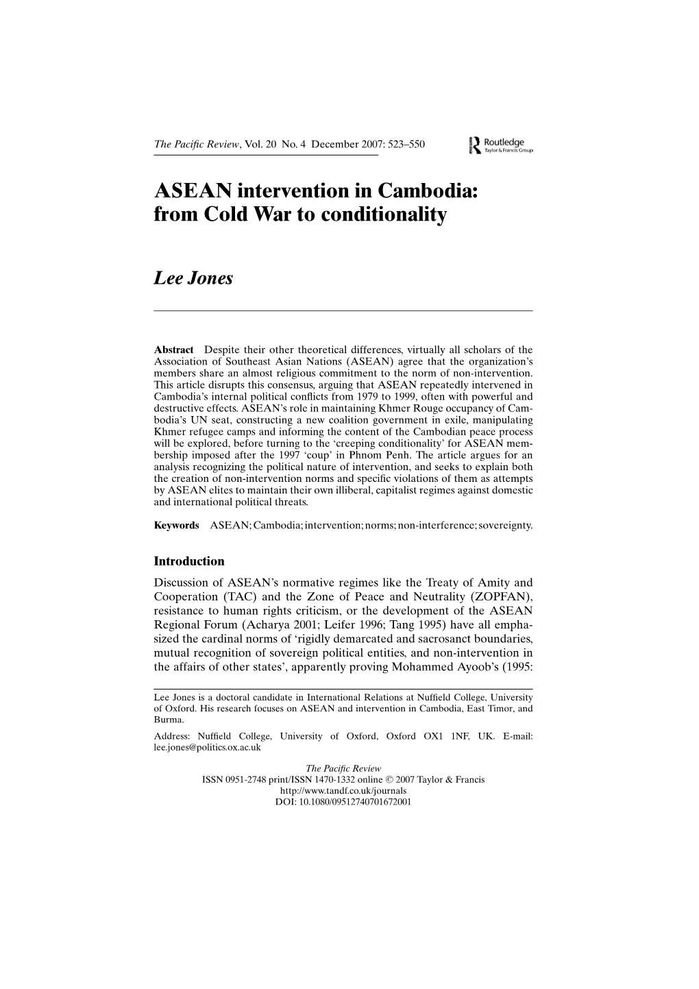 ASEAN Intervention in Cambodia: from Cold War to Conditionality