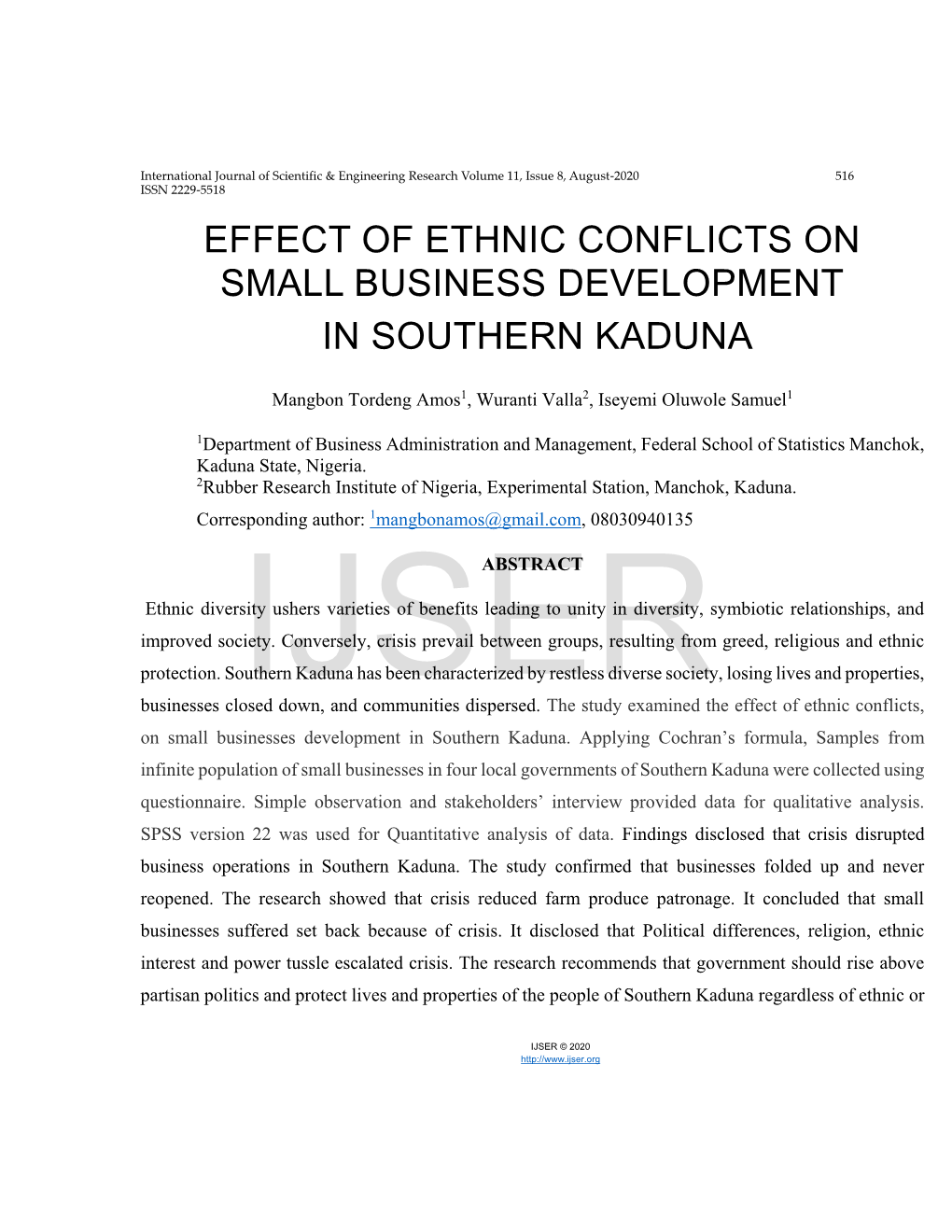 Effect of Ethnic Conflicts on Small Business Development in Southern Kaduna