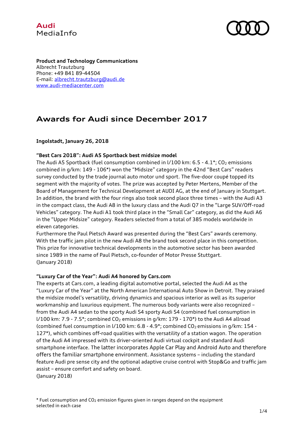 Awards for Audi Since December 2017