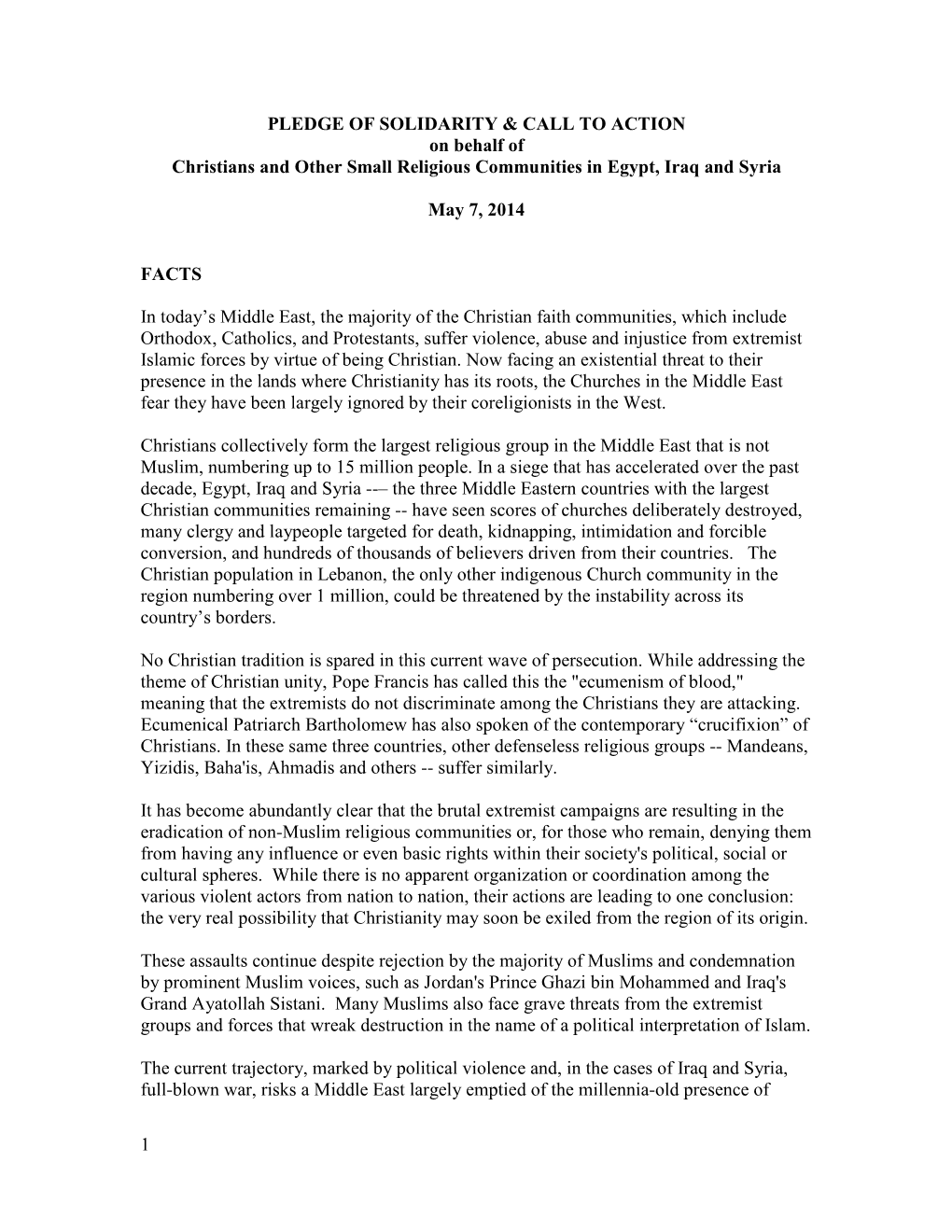 1 PLEDGE of SOLIDARITY & CALL to ACTION on Behalf of Christians and Other Small Religious Communities in Egypt, Iraq And