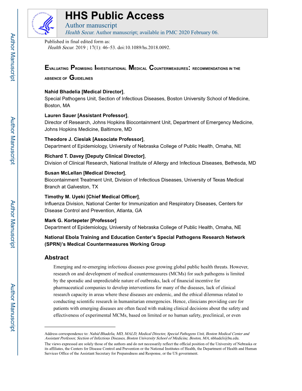 Evaluating Promising Investigational Medical Countermeasures: Recommendations in The