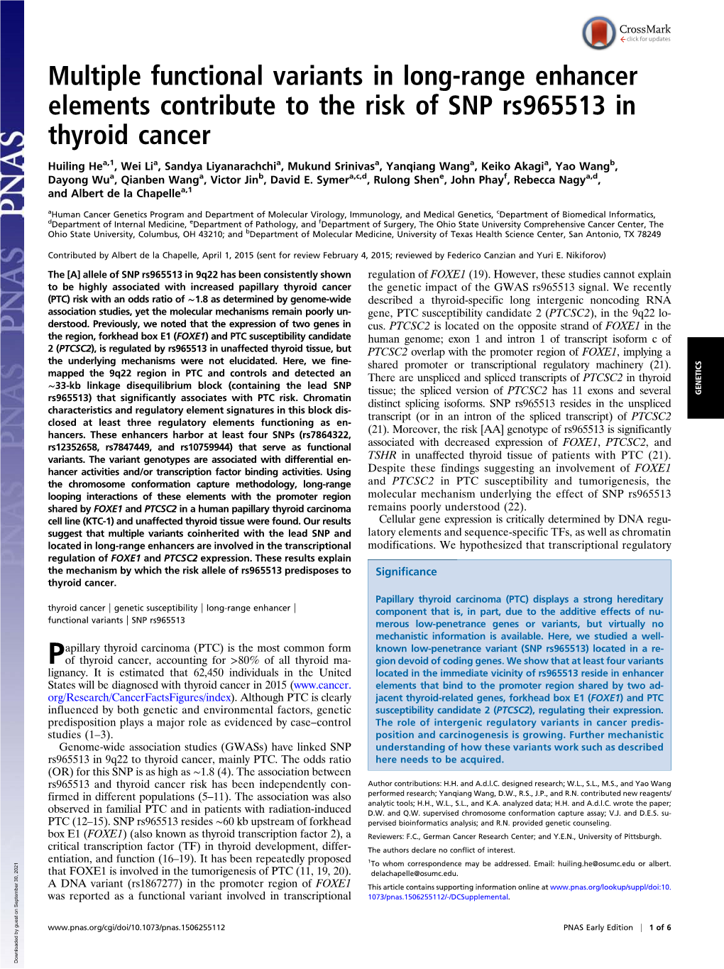 Multiple Functional Variants in Long-Range Enhancer Elements Contribute to the Risk of SNP Rs965513 in Thyroid Cancer