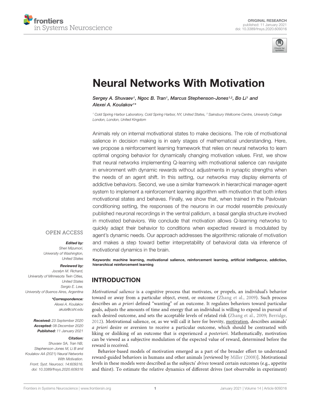 Neural Networks with Motivation