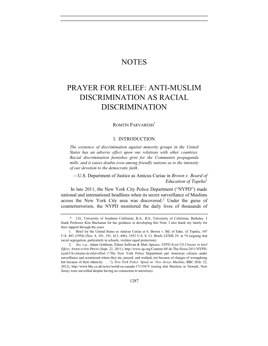 Notes Prayer for Relief: Anti-Muslim Discrimination As Racial Discrimination