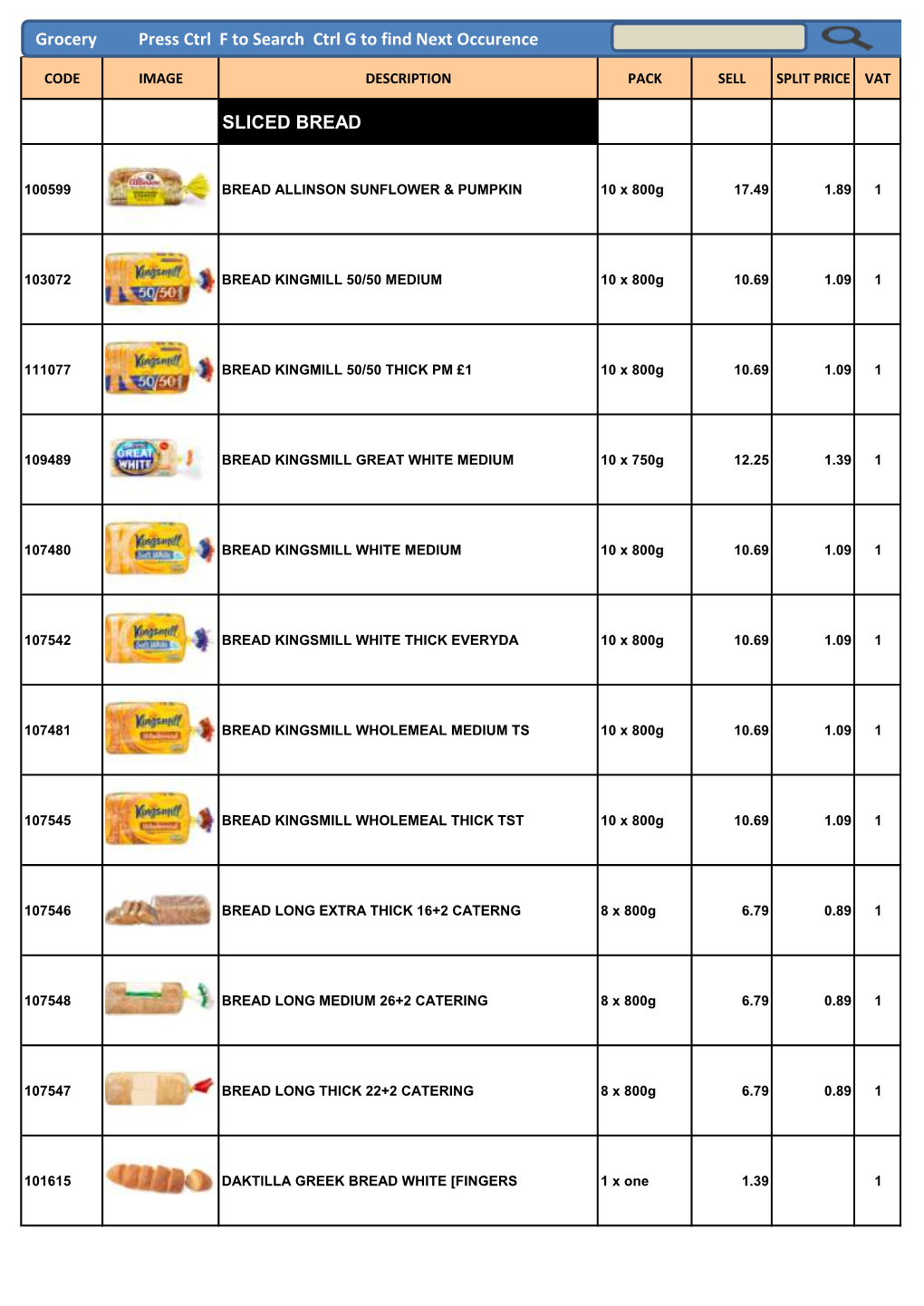 Grocery Press Ctrl F to Search Ctrl G to Find Next Occurence