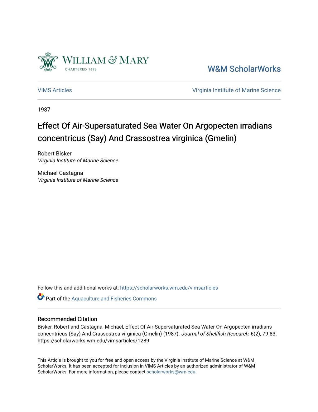 Effect of Air-Supersaturated Sea Water on Argopecten Irradians Concentricus (Say) and Crassostrea Virginica (Gmelin)