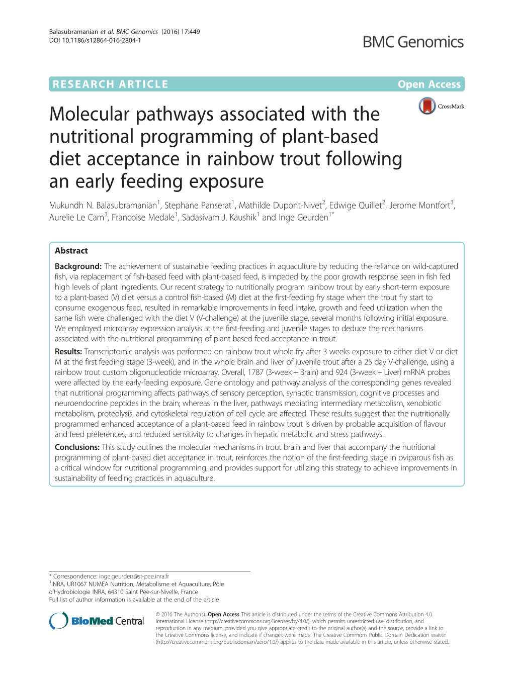 Molecular Pathways Associated with the Nutritional Programming of Plant-Based Diet Acceptance in Rainbow Trout Following an Early Feeding Exposure Mukundh N