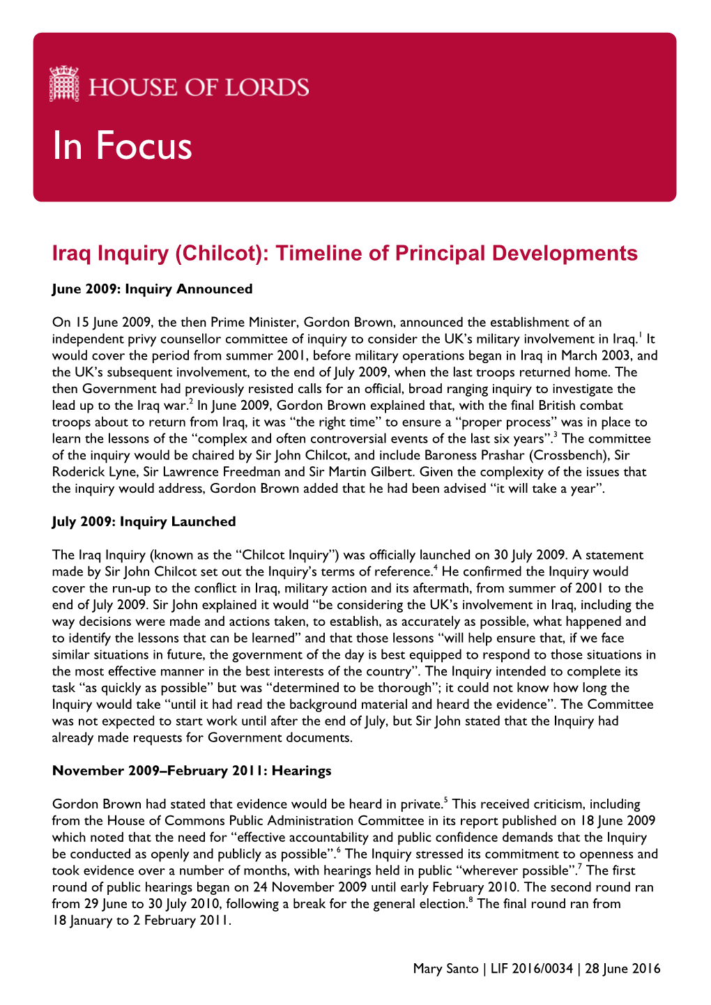 Iraq Inquiry (Chilcot): Timeline of Principal Developments