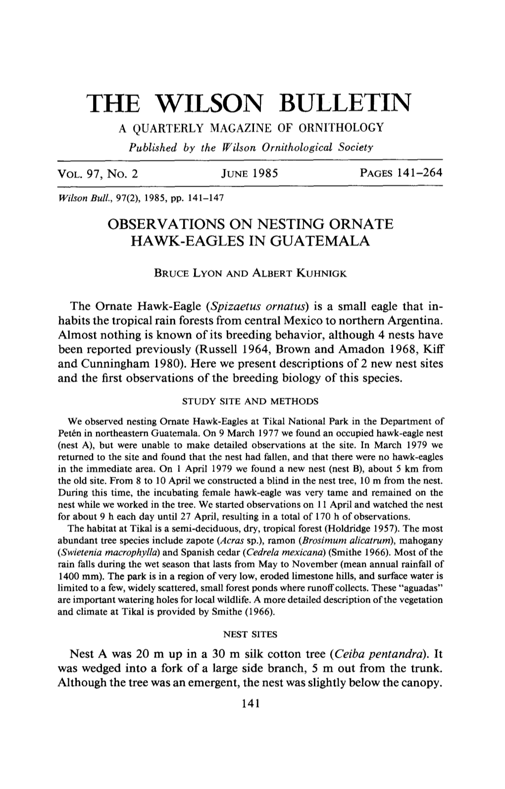 Observations on Nesting Ornate Hawk-Eagles in Guatemala