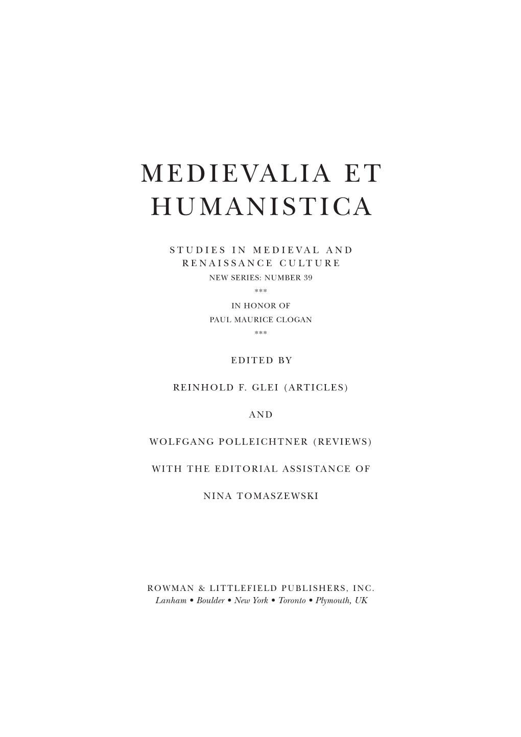 Medievalia Et Humanistica