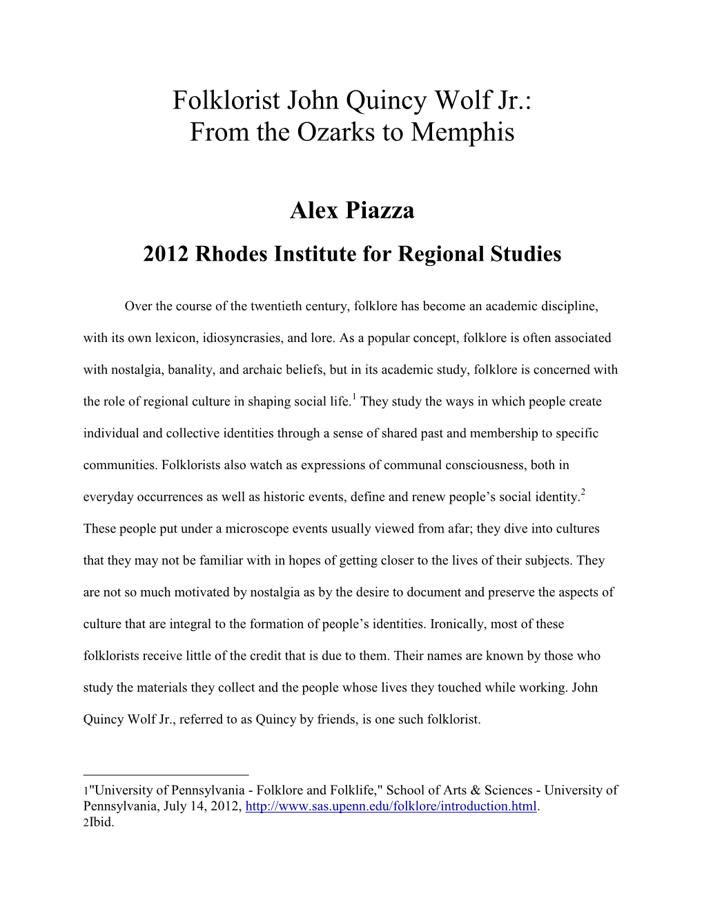 Folklorist John Quincy Wolf Jr.: from the Ozarks to Memphis