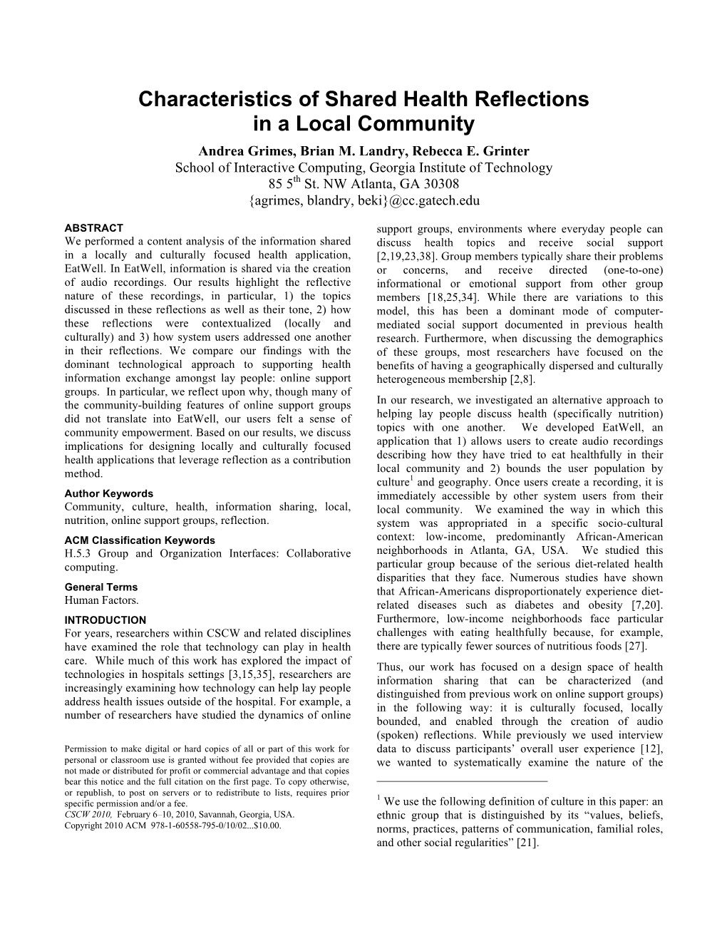 Characteristics of Shared Health Reflections in a Local Community Andrea Grimes, Brian M