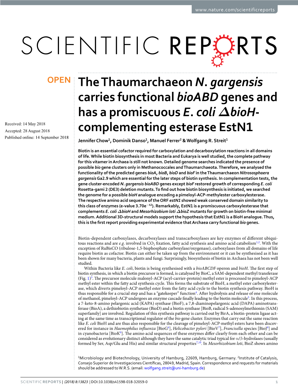 The Thaumarchaeon N. Gargensis Carries Functional Bioabd Genes and Has a Promiscuous E. Coli Δbioh-Complementing Esterase Estn1