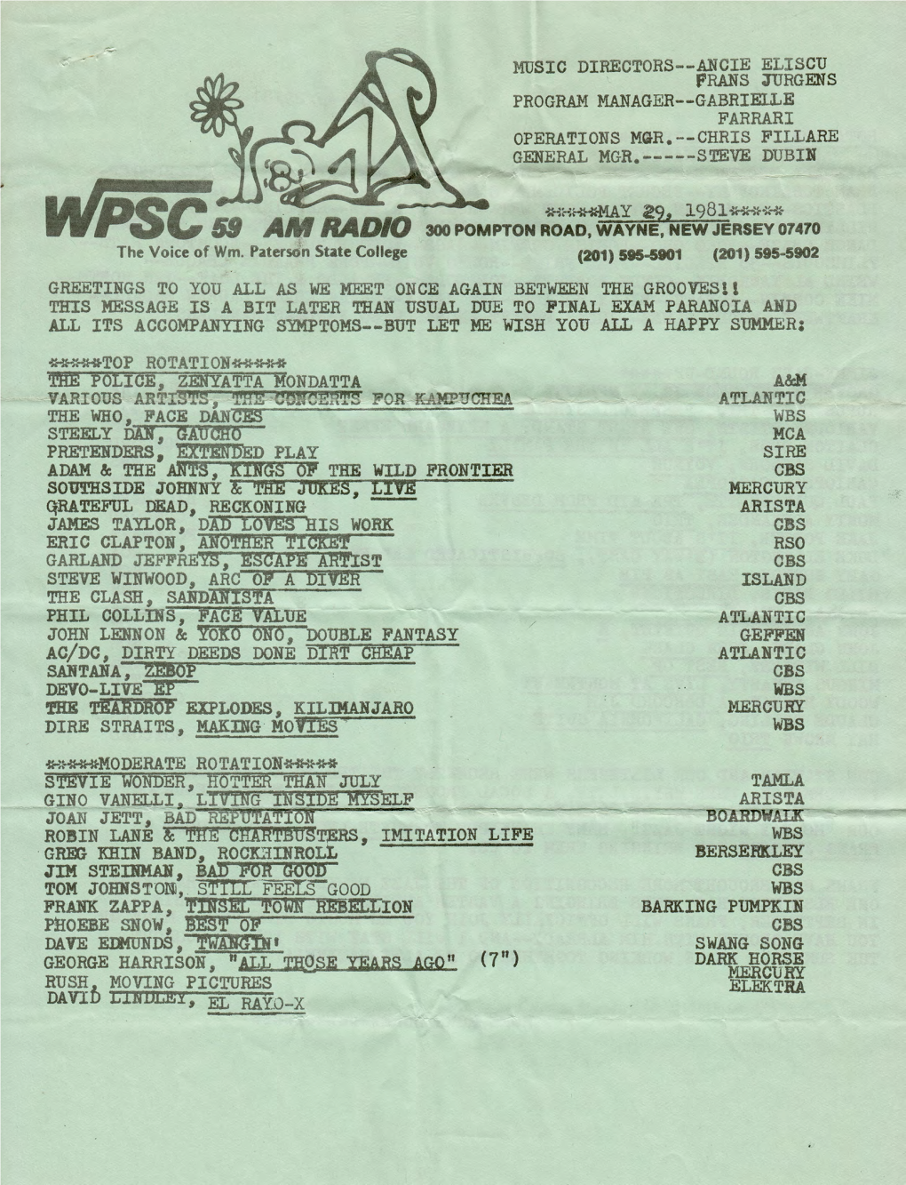 WPSC 59 AM Radio Playlist, May 29, 1981