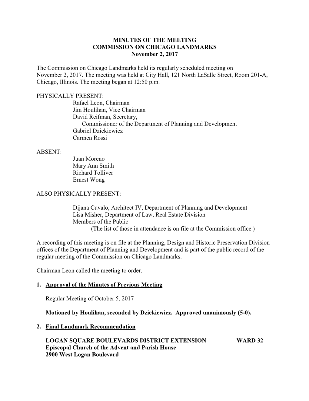 MINUTES of the MEETING COMMISSION on CHICAGO LANDMARKS November 2, 2017