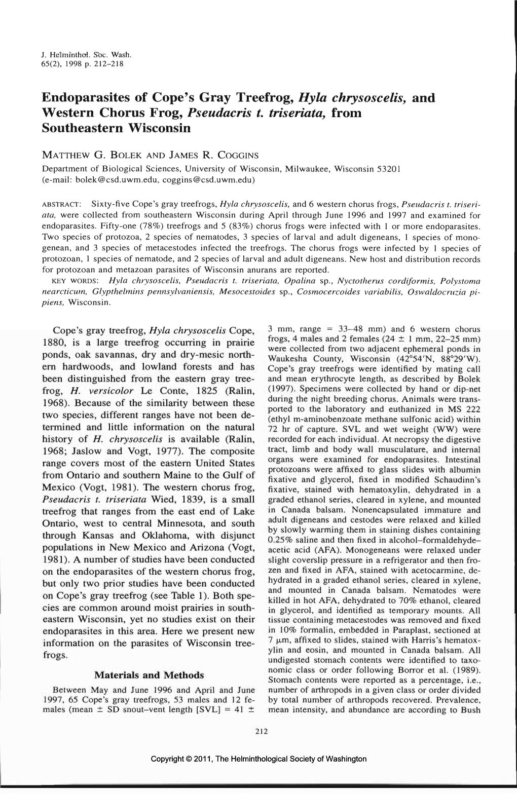 Endoparasites of Cope's Gray Treefrog, Hyla Chrysoscelis, and Western Chorus Frog, Pseudacris T