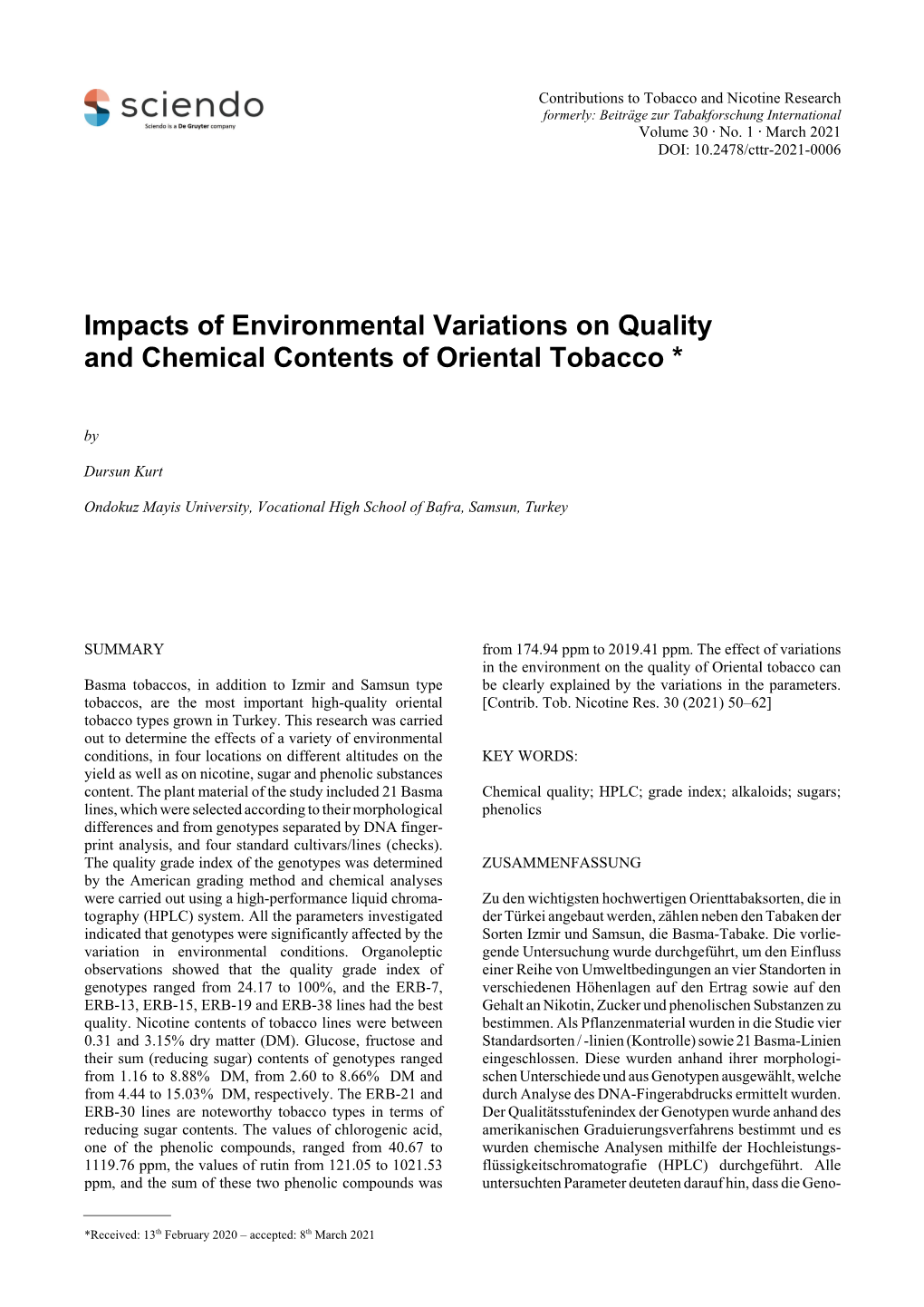 Impacts of Environmental Variations on Quality and Chemical Contents of Oriental Tobacco *