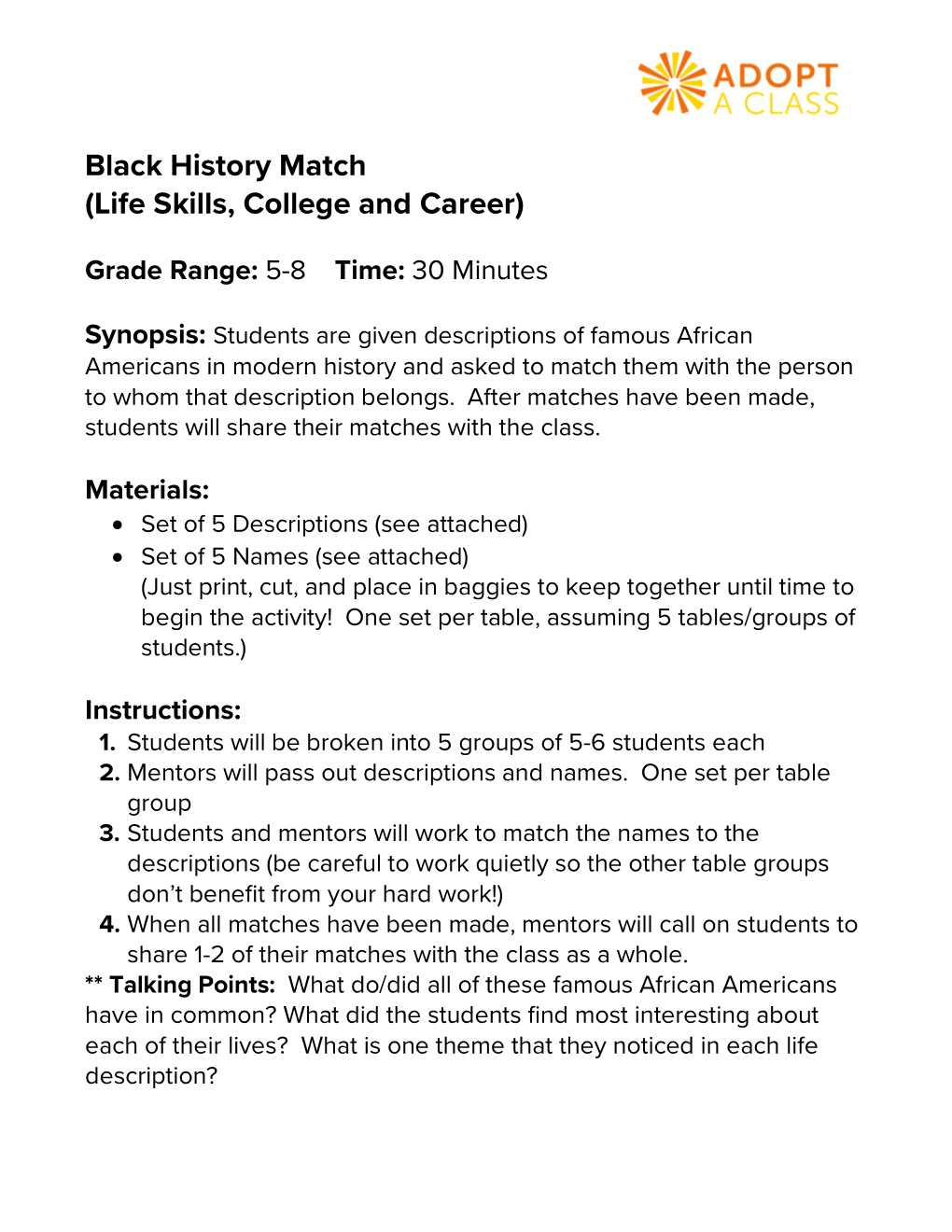 Black History Match (Life Skills, College and Career)