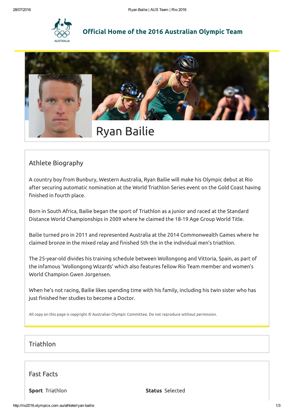 Ryan Bailie | AUS Team | Rio 2016
