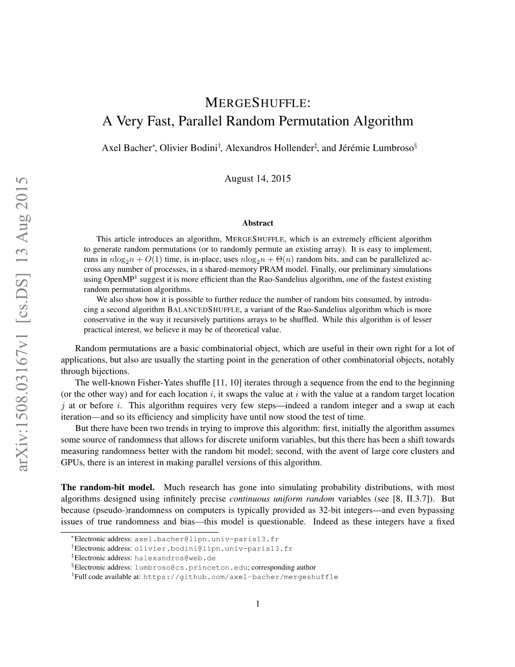 MERGESHUFFLE: a Very Fast, Parallel Random Permutation Algorithm