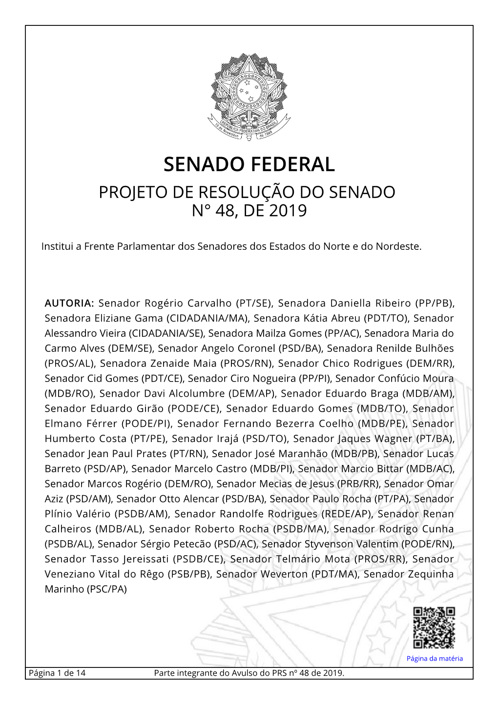 Senado Federal Projeto De Resolução Do Senado N° 48, De 2019