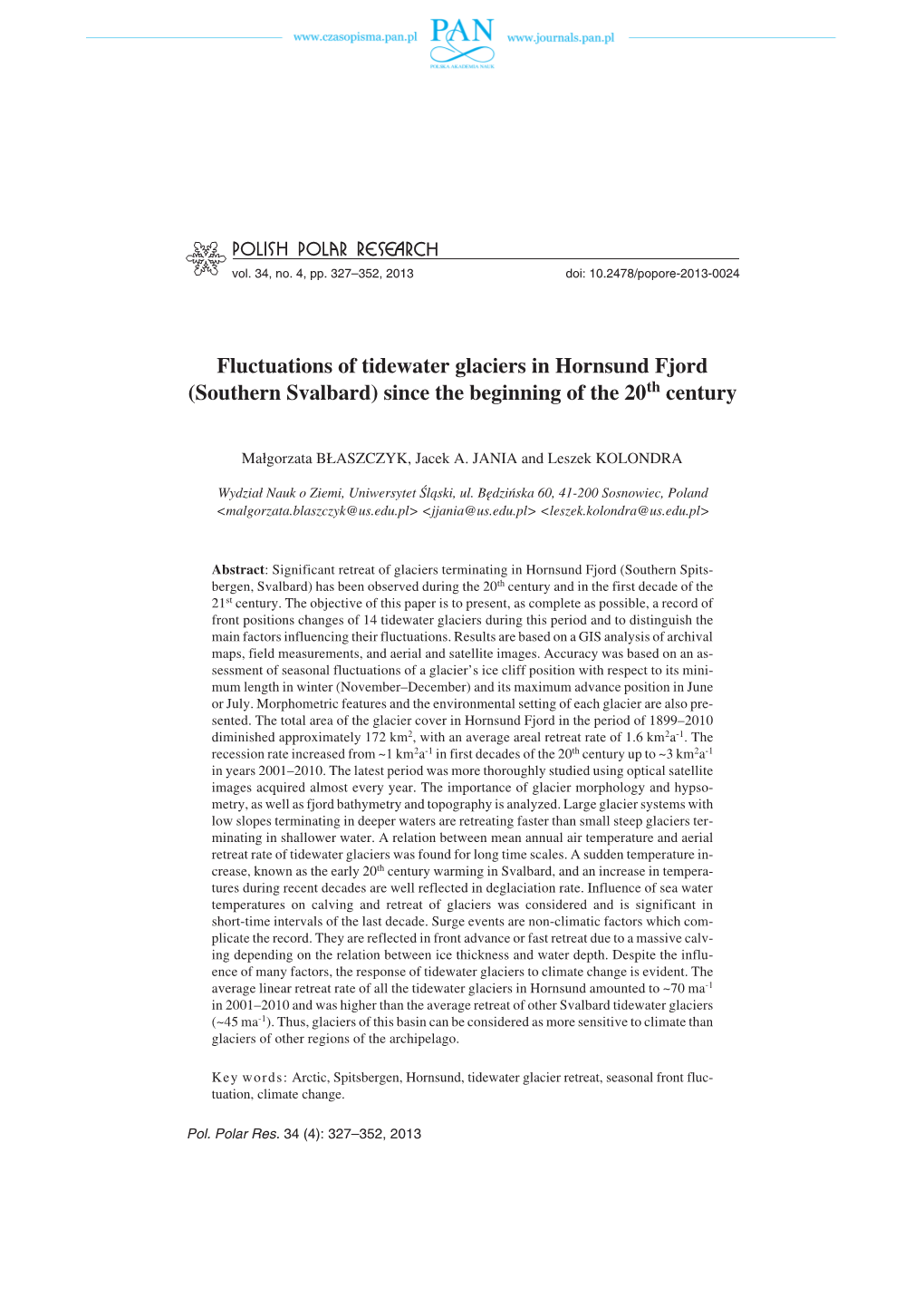 Fluctuations of Tidewater Glaciers in Hornsund Fjord (Southern Svalbard) Since the Beginning of the 20Th Century