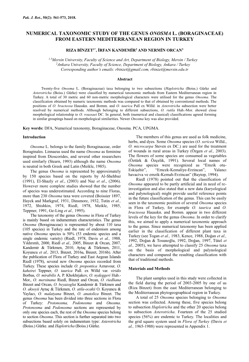 Numerical Taxonomic Study of the Genus Onosma L. (Boraginaceae) from Eastern Mediterranean Region in Turkey