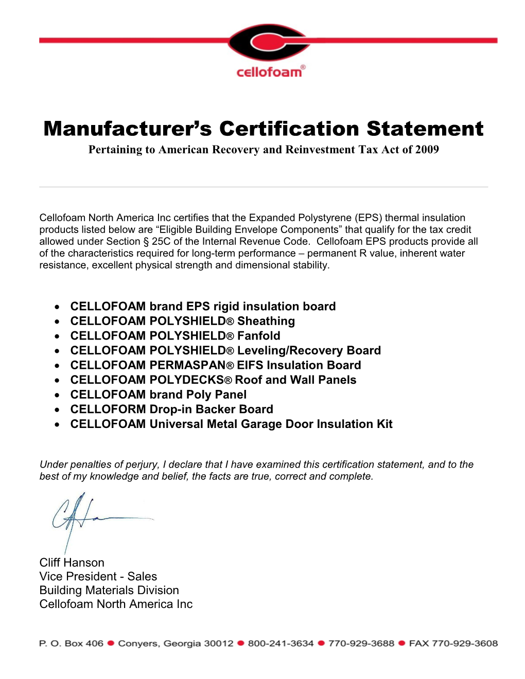 Manufacturer S Certification Statement Pertaining to American Recovery and Reinvestment