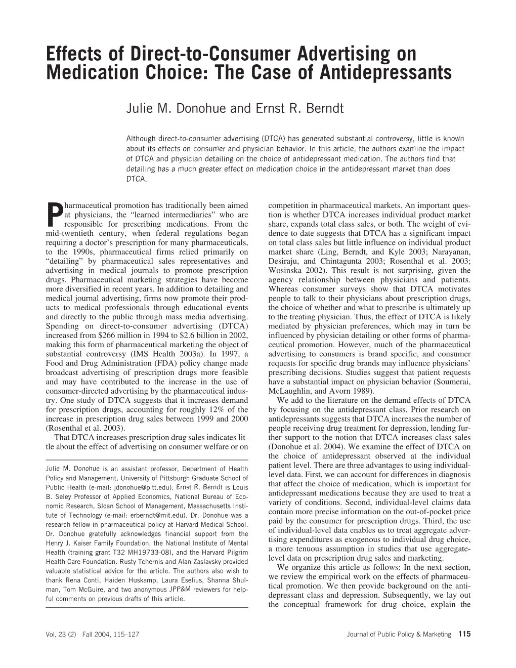 Effects of Direct-To-Consumer Advertising on Medication Choice: the Case of Antidepressants