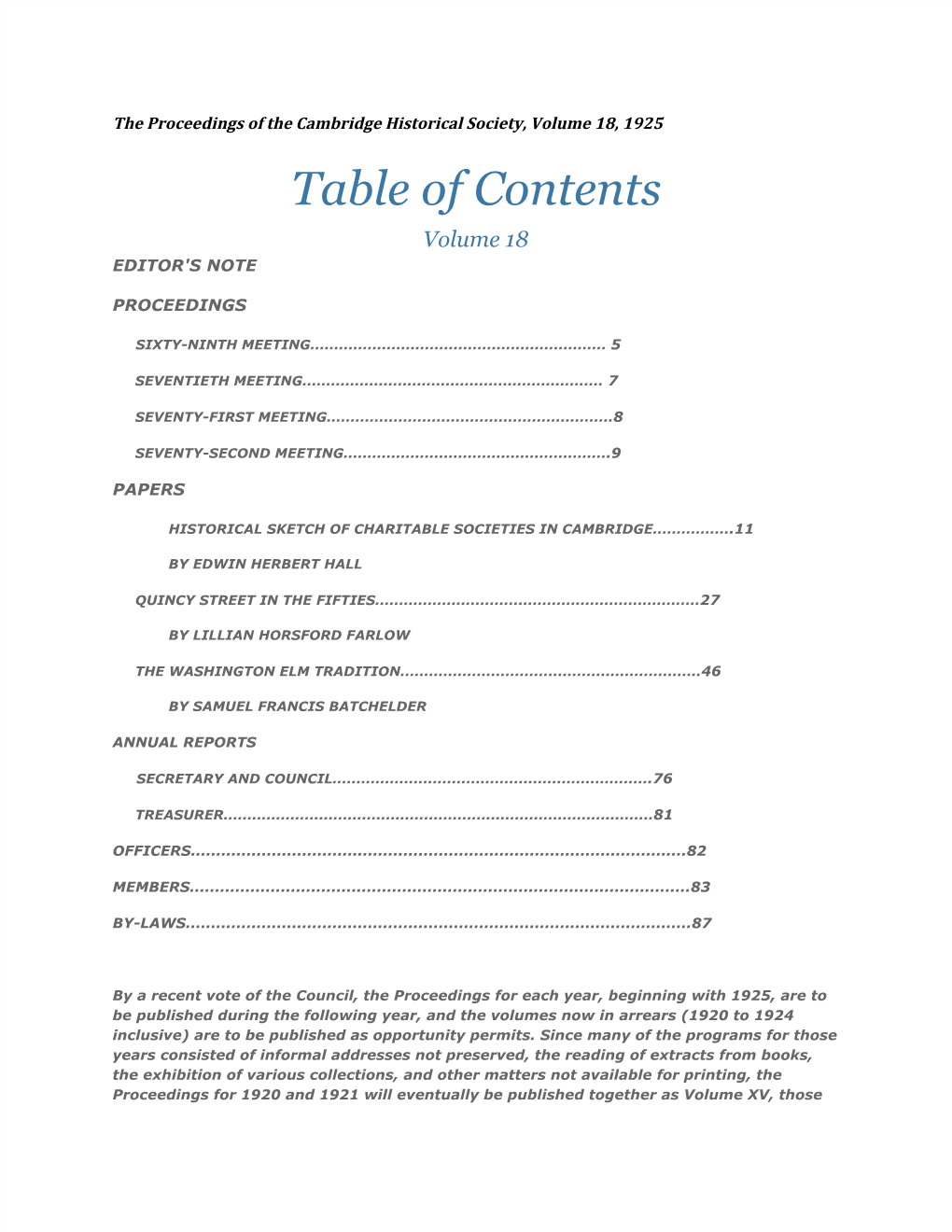 Table of Contents Volume 18 EDITOR's NOTE