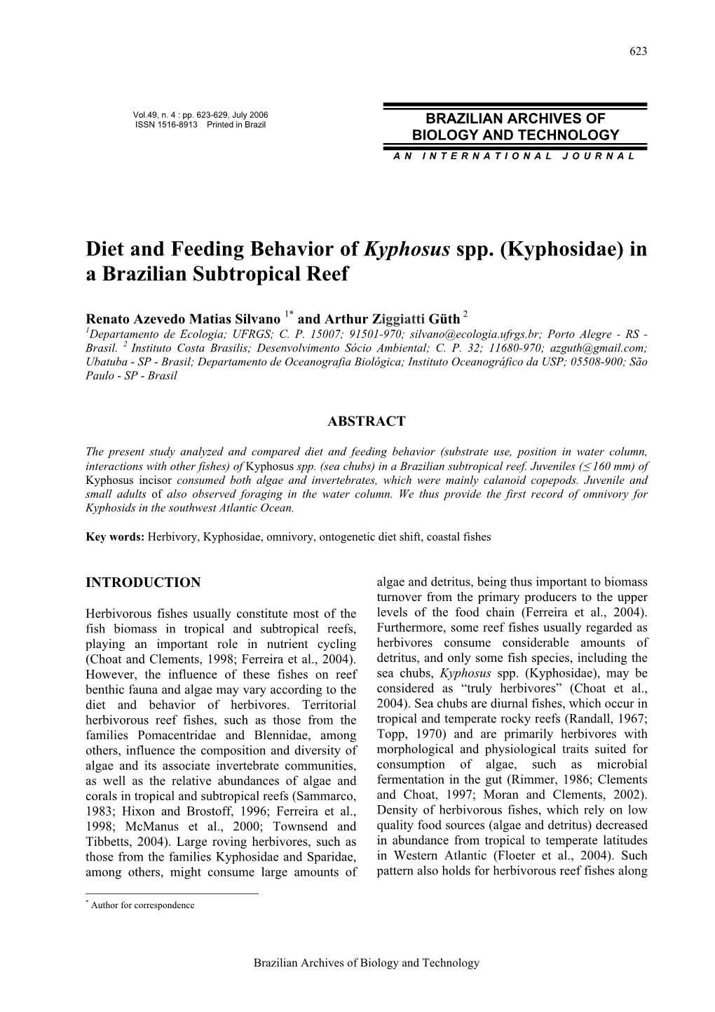 Diet and Feeding Behavior of Kyphosus Spp. (Kyphosidae) in a Brazilian Subtropical Reef