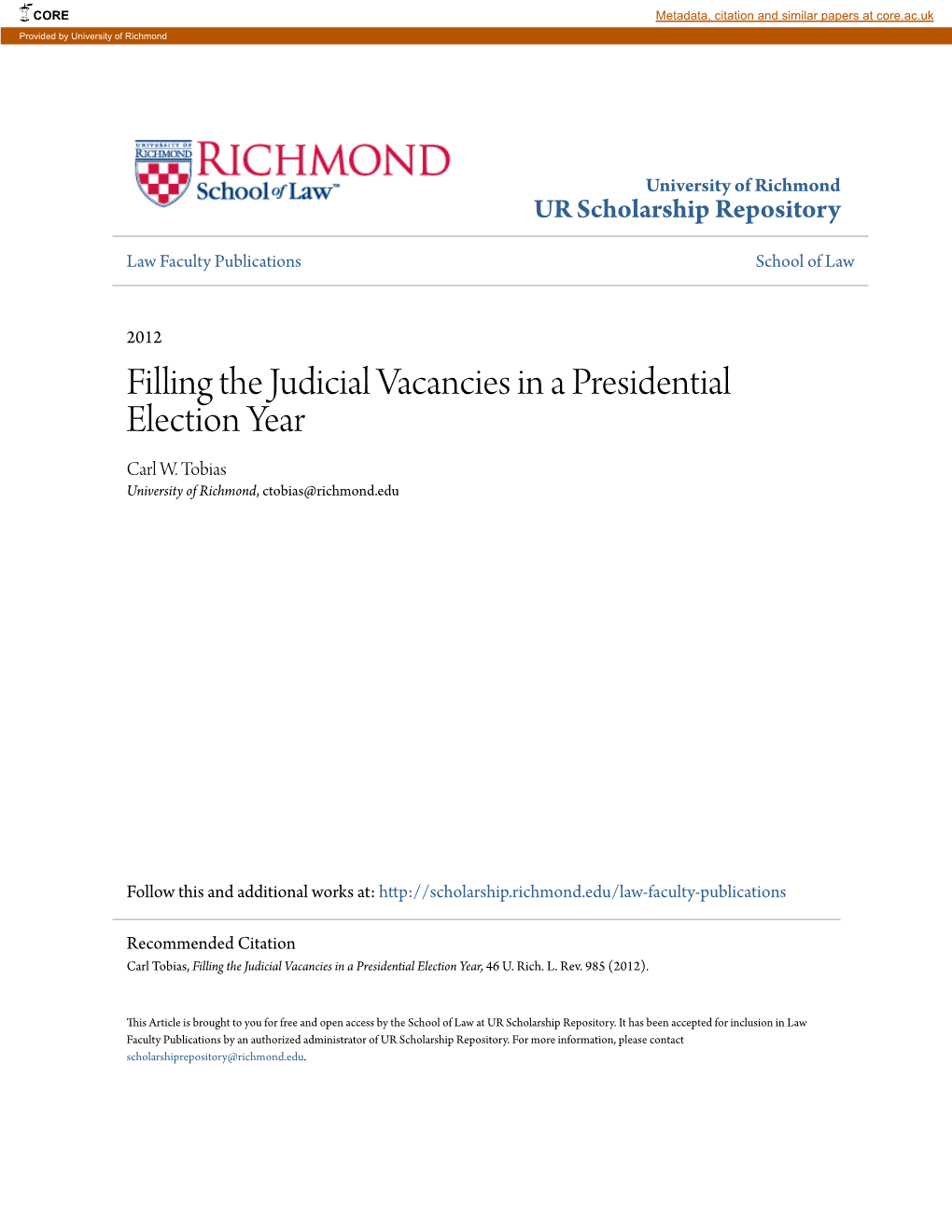 Filling the Judicial Vacancies in a Presidential Election Year Carl W