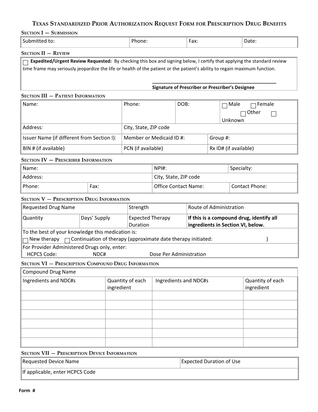 Texas Standardized Prior Authorization Request Form for Health Care Services