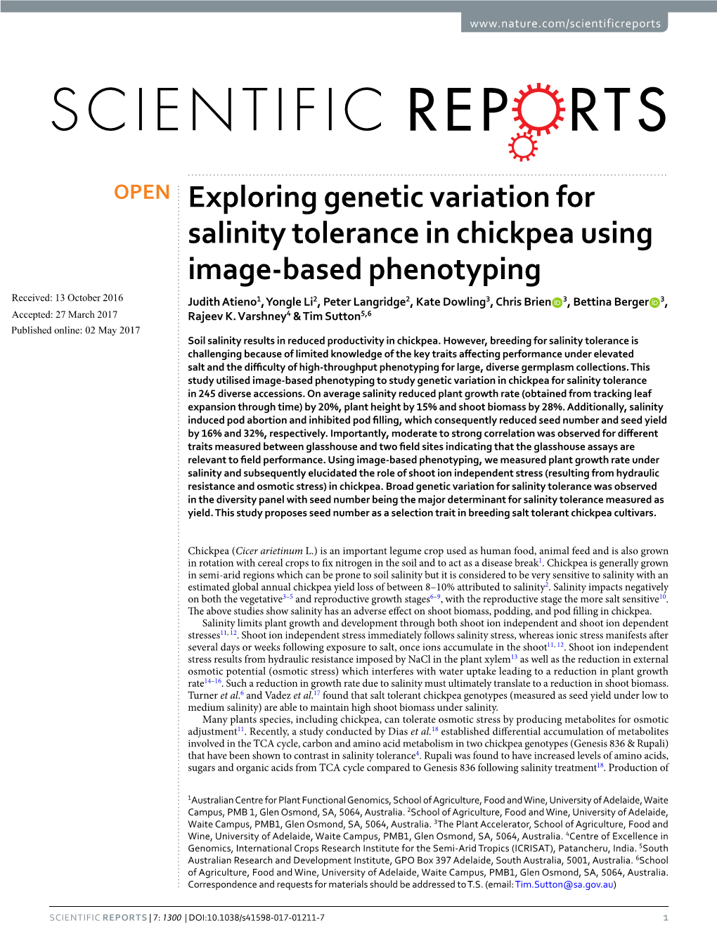 Exploring Genetic Variation for Salinity Tolerance in Chickpea Using
