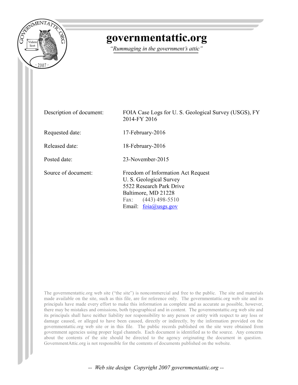 FOIA Case Logs for U. S. Geological Survey (USGS), FY 2014-FY 2016