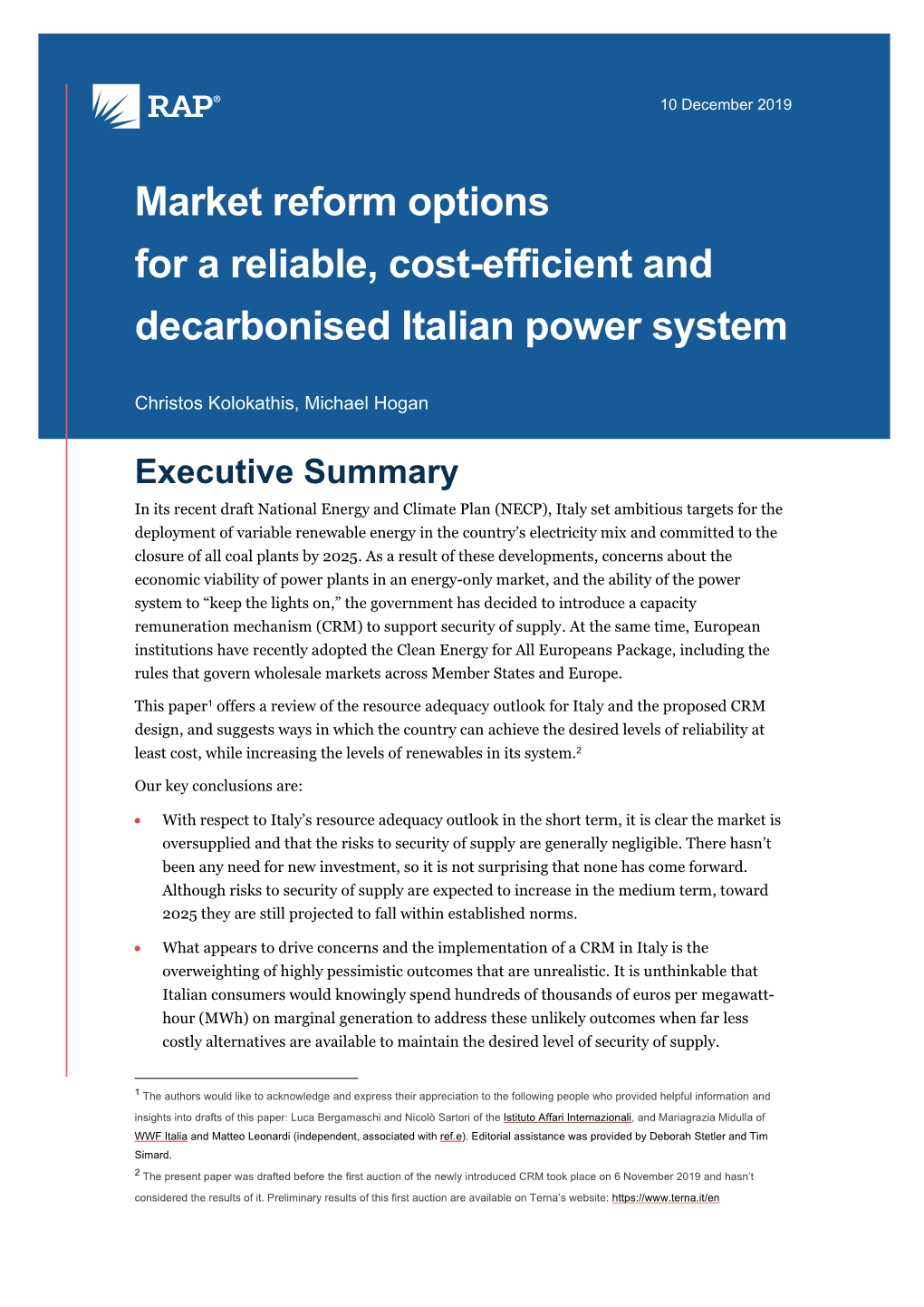 Market Reform Options for a Reliable, Cost-Efficient and Decarbonised Italian Power System