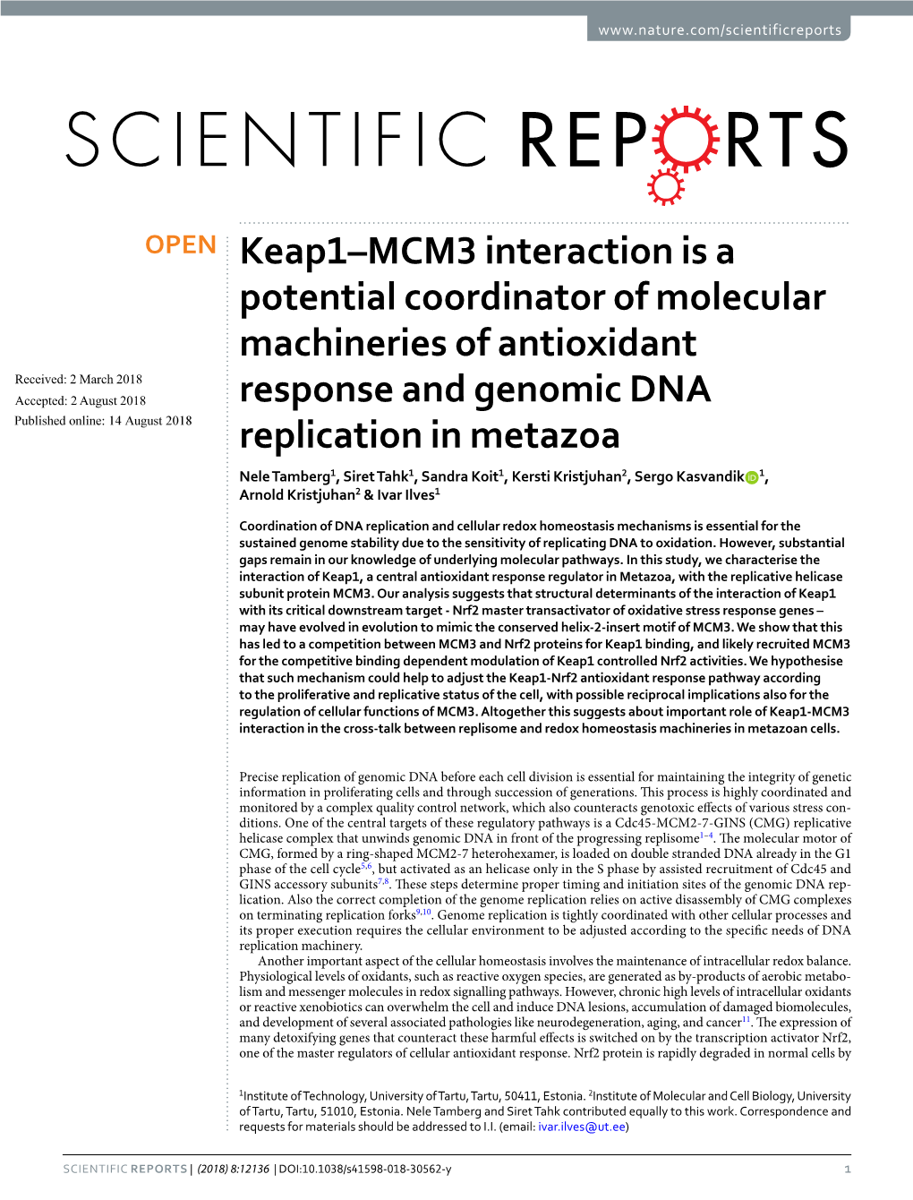 Keap1–MCM3 Interaction Is a Potential Coordinator of Molecular Machineries of Antioxidant Response and Genomic DNA Replication