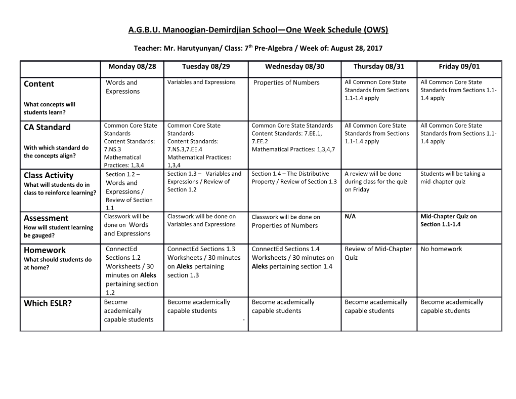 A.G.B.U. Manoogian-Demirdjian School One Week Schedule (OWS)