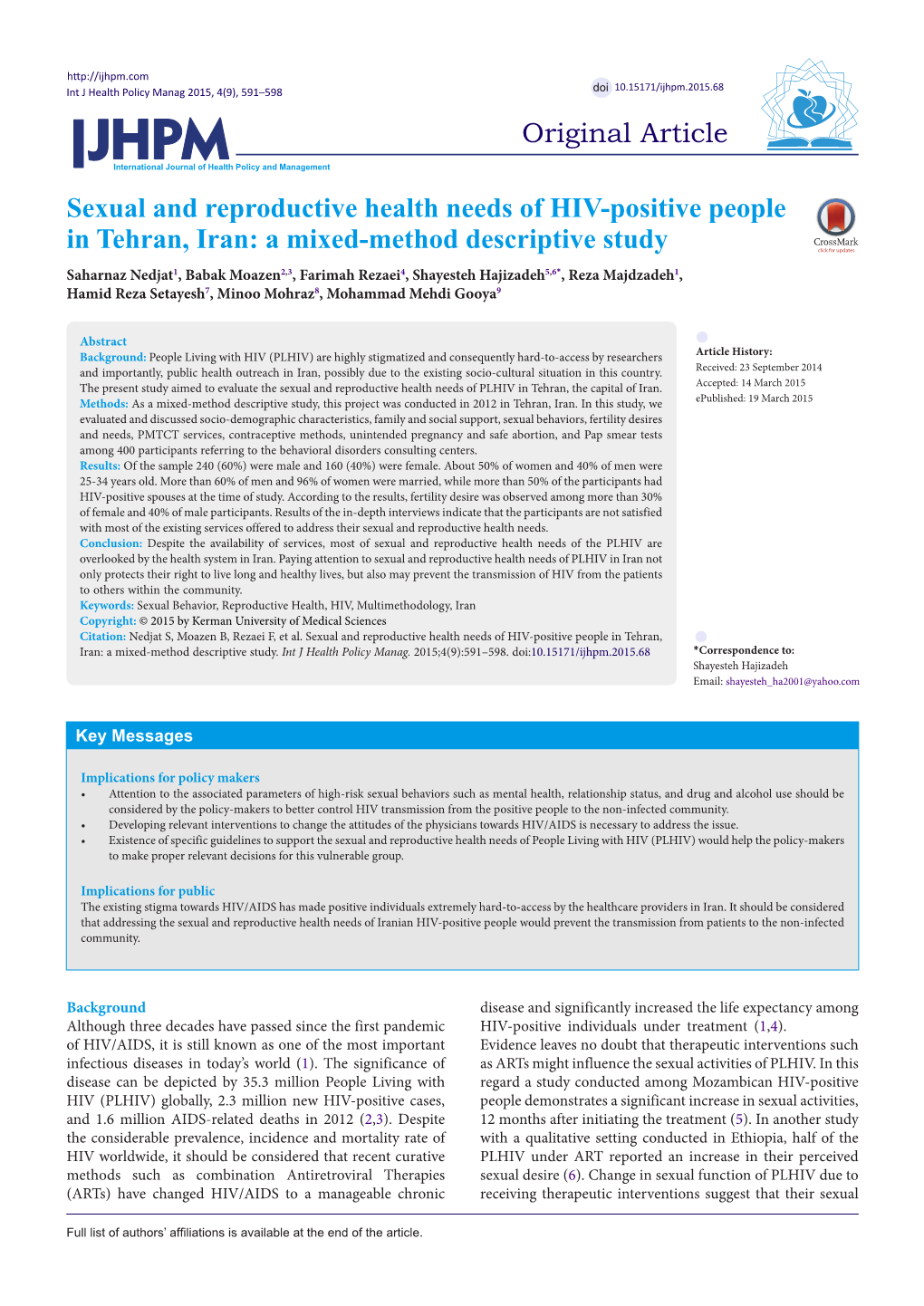 Sexual and Reproductive Health Needs of HIV-Positive People in Tehran, Iran