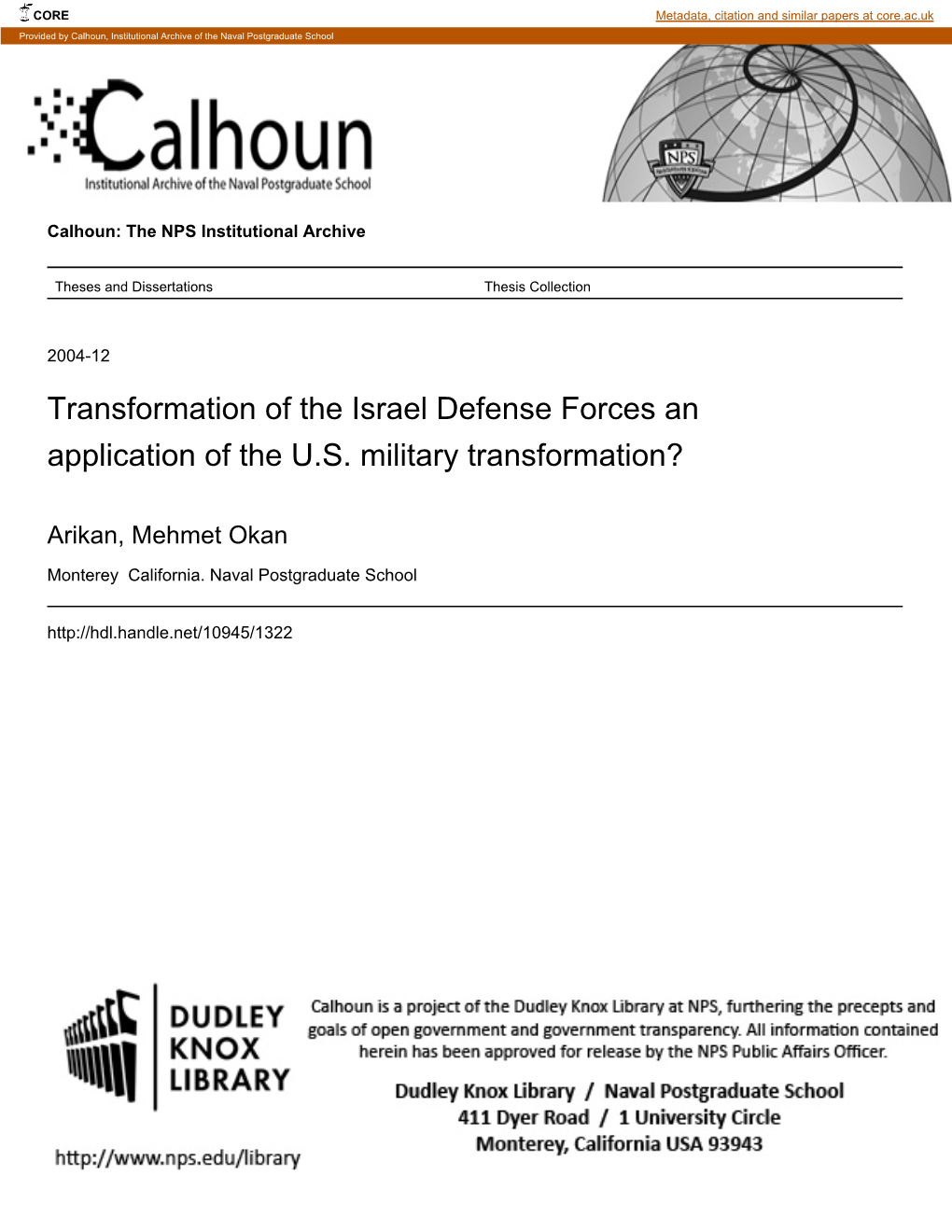 Transformation of the Israel Defense Forces an Application of the U.S. Military Transformation?