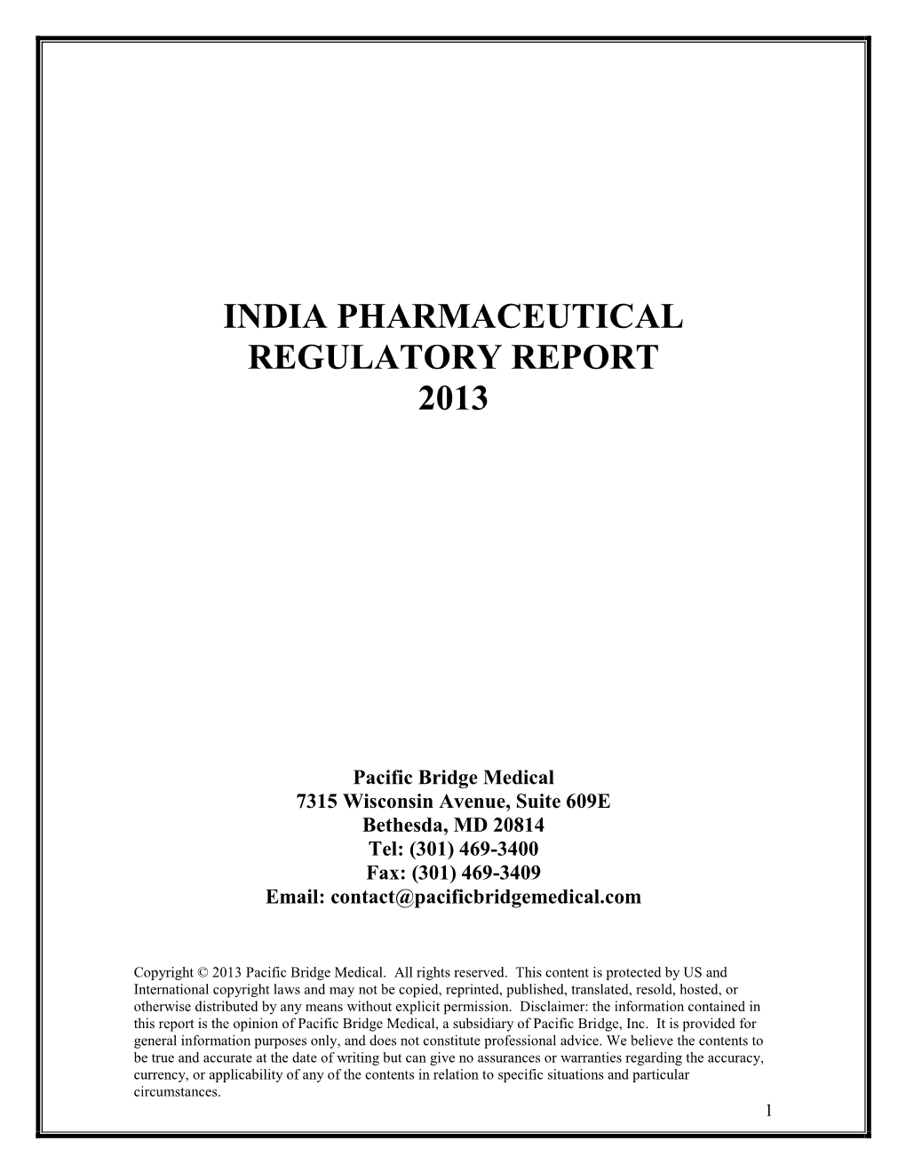 India Pharmaceutical Regulatory Report 2013